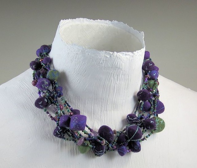 Wet Felted Beads on multi-strand beaded necklace