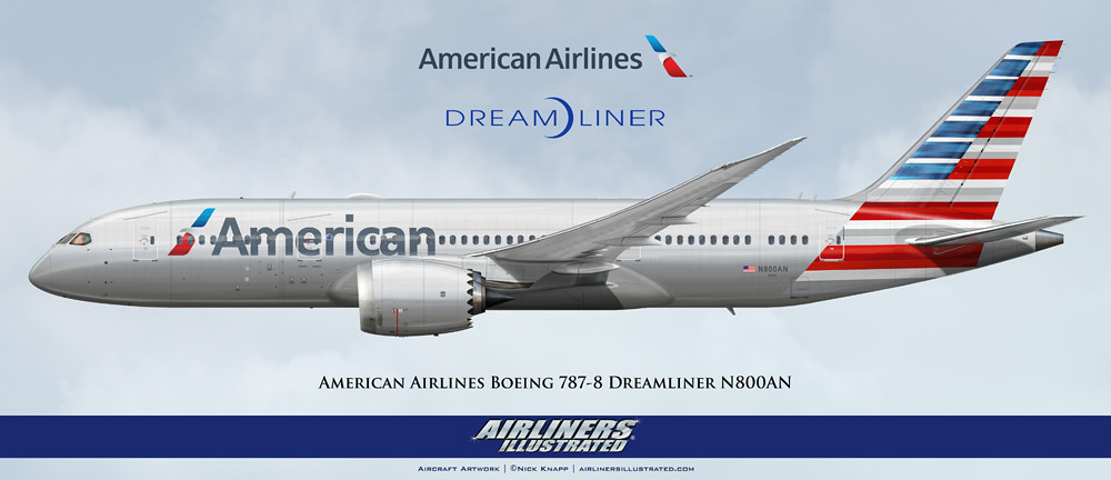 American Airlines Boeing 787-8 Dreamliner N800AN Artwork American Airlines Boeing 787 Dreamliner N800AN Artwork Airliners Illustrated® by Nick Knapp©.