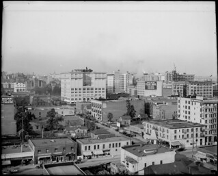 Panoramic view of downtown Los Angeles, looking east with the 8th Street and Olive Street intersection in view, ca.1910-1913 (CHS-5663)
