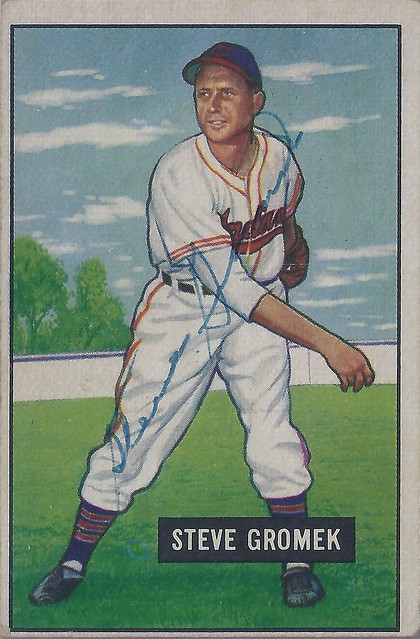 1951 Bowman - Steve Gromek #115 (Pitcher) (b. 15 Jan 1920 - d. 12 Mar 2002 at age 82) - Autographed Baseball Card (Cleveland Indians)