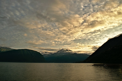 clouds fjord mountains norway sunset water