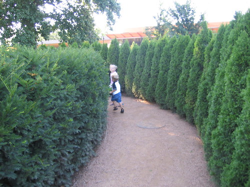 Two children run a pathway surrounded by trees.
