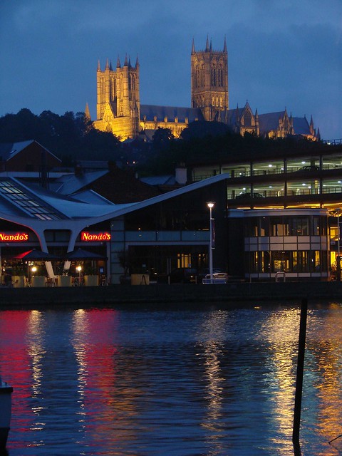 Lincoln Cathedral by night from Brayford