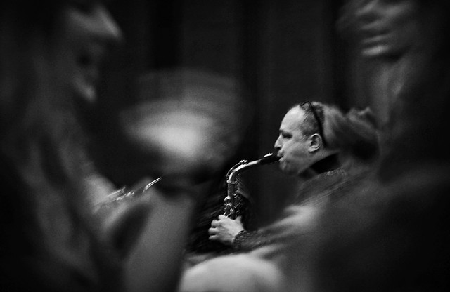 Saxophonist 'Ned Bennett' through the crowd at 'Cartoon Jazz', Bristol International Jazz Festival - 7 Mar 2015