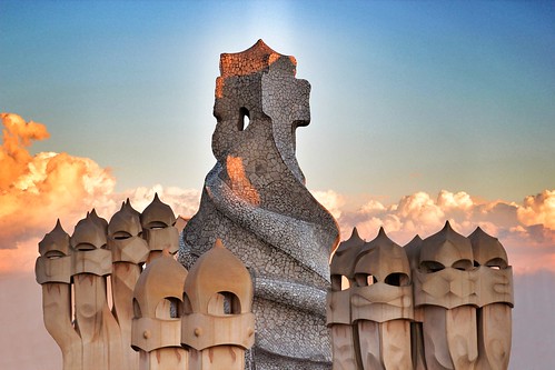 barcelona roof light sunset chimney sky color colour art heritage beautiful silhouette architecture clouds contrast fire lights amazing spain gothic silhouettes engineering gaudi nouveau architects antoni breathtaking