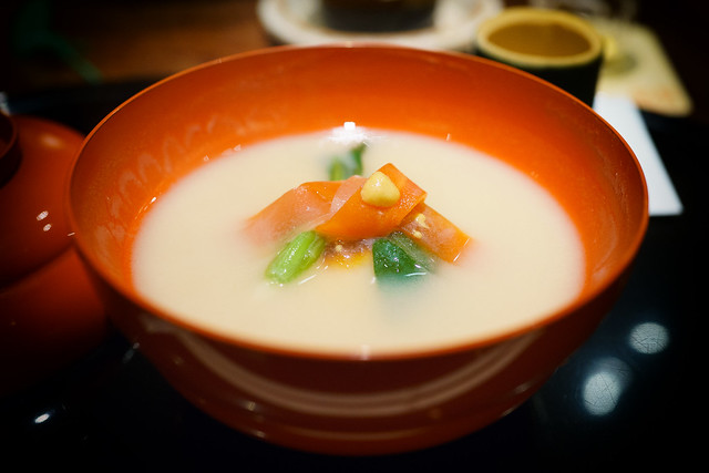 5th Course: White miso soup with mochi, Japanese radish, and carrot
