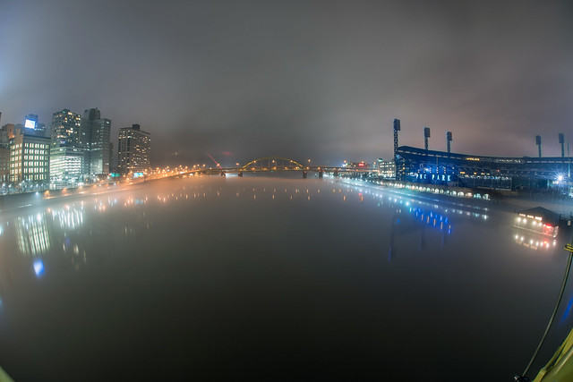 Fisheye view down the foggy Allegheny in Pittsburgh