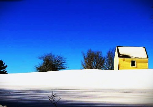 blue winter sky white snow weather yellow rural landscape countryside country shed weatherphotography