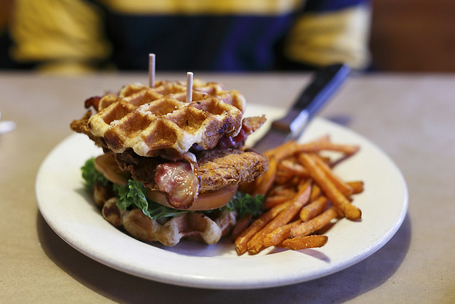 Chicken Waffle Club Sandwich with sweet potato fries