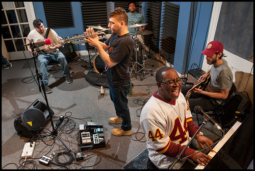 Eric Vogel (bass), Eric Bloom (trumpet), Alvin Ford (drums), Nigel Hall (piano), Andrew Block (guitar) at WWOZ Spring Pledge Drive 2015. Photo by Ryan Hodgson-Rigsbee www.rhrphoto.com