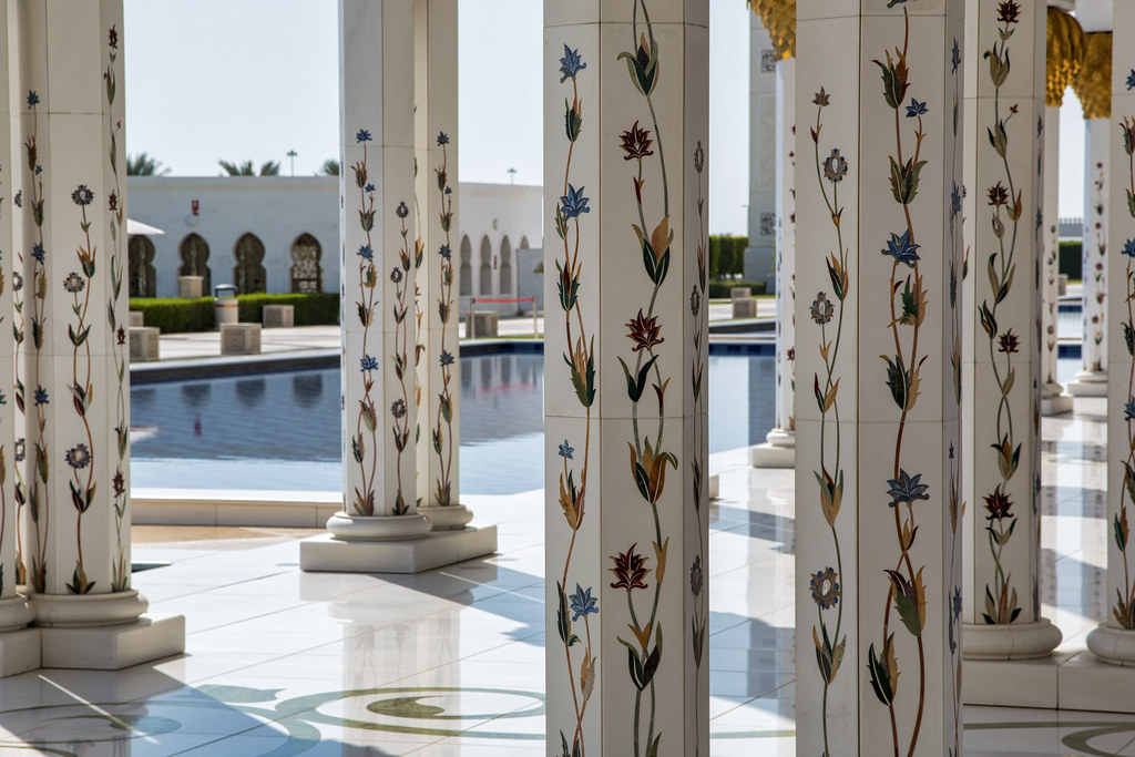 Reflecting pool and columns (covered in marble inlaid with mother of pearl), Sheikh Zayed Mosque, Abu Dhabi