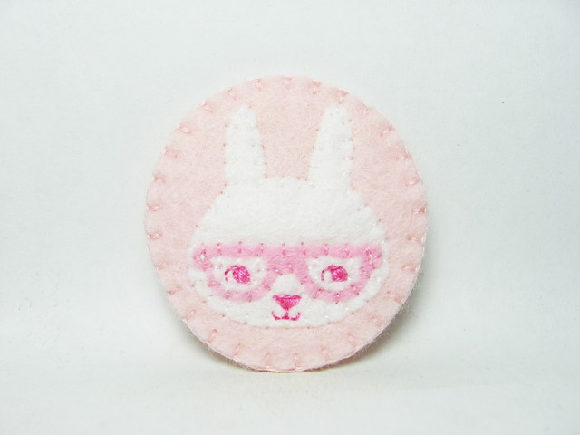 Super tiny curious bunny with glasses felt brooch