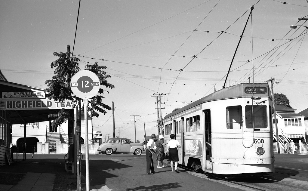I.D.s 832 & 04538 photographed by John Ward on 1969-04-12 of Brisbane City Council Four Motor (FM) tram 508 in Latrobe Street at Elfin Street and Mowbray Terrace, East Brisbane, Queensland, Australia.