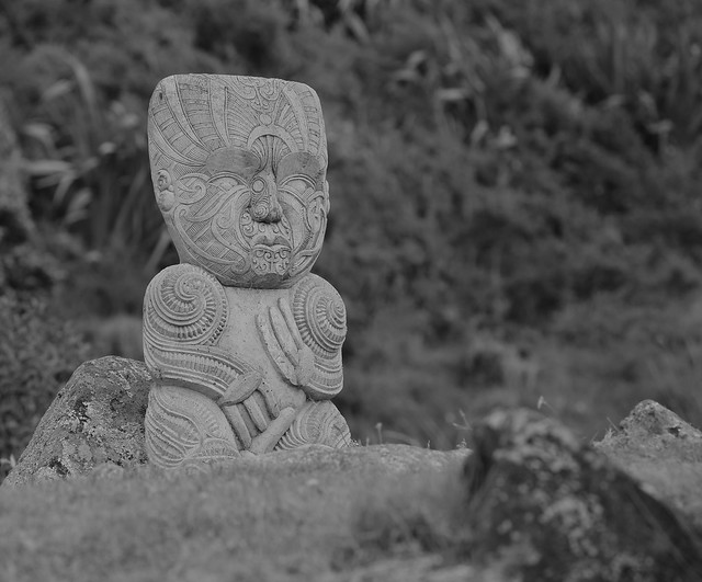 Monochrome Stone Carved Maori Grave Site Guardian Coastal Raglan New Zealand