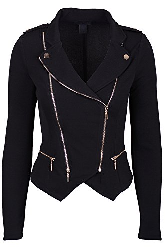 Womens Modern Casual Asymmetrical Gold Zipper Zip Up Crepe Moto Jacket Black Large