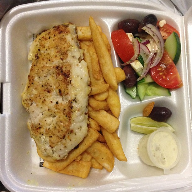Fish on Fire - Reef Fish dinner with Greek salad and chips