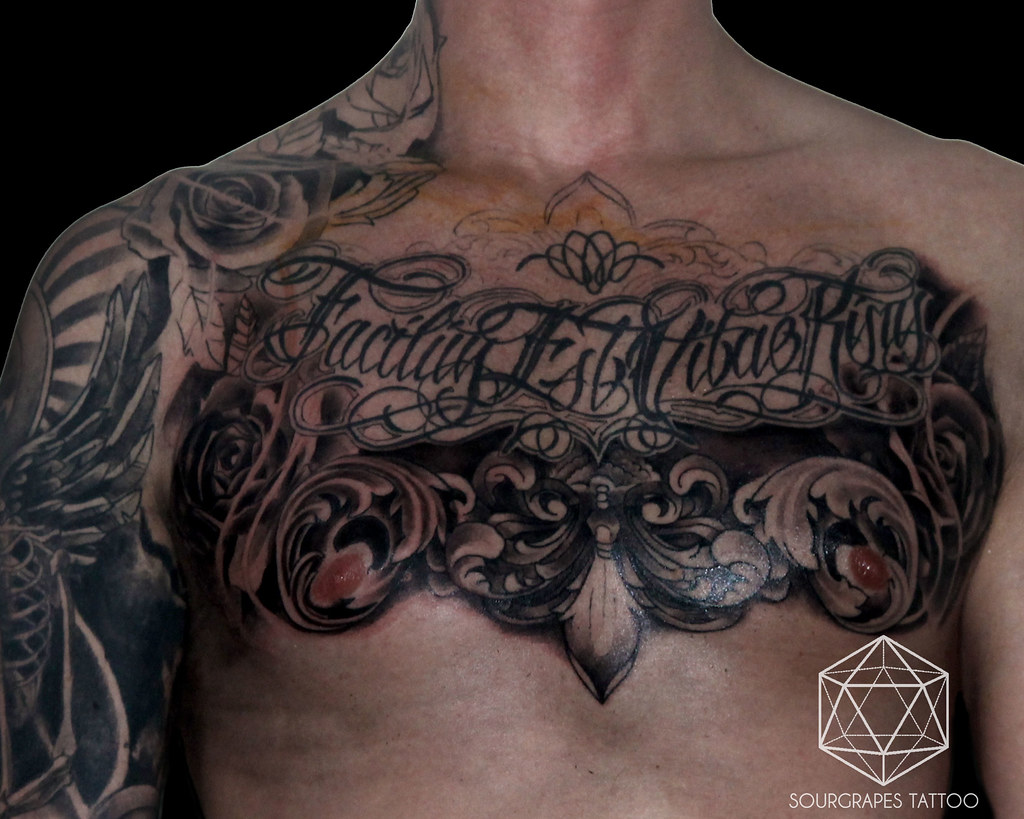 Chest Filigree Script Rose Tattoo (in progress)