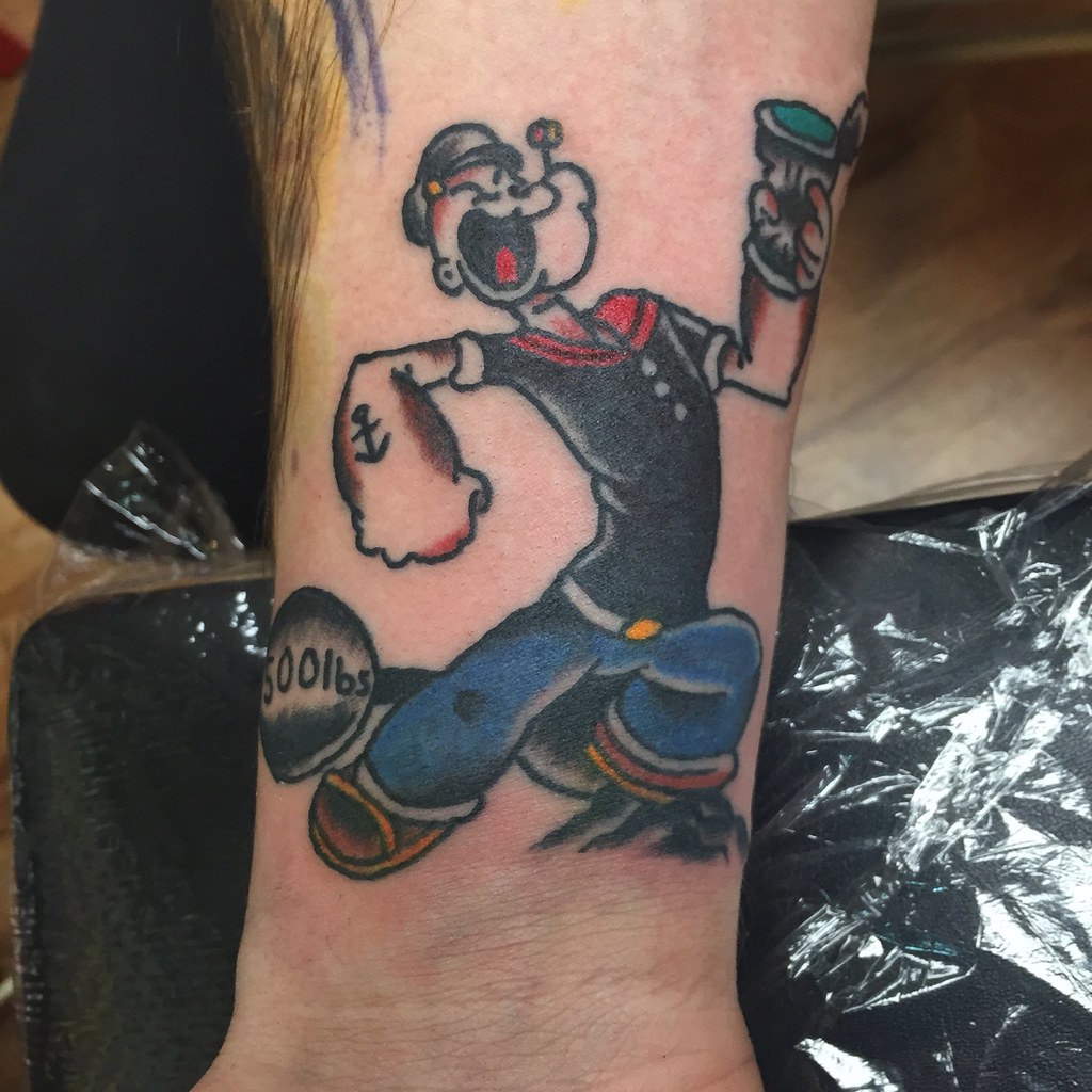 Popeye Tattoo by KeelHauled Mike of Black Anchor Tattoo in Denton Maryland.