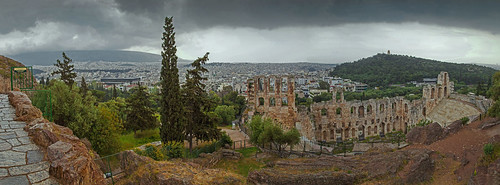 city sky panorama cloud stone clouds garden ancient ruins theater view pov ruin athens greece odeon atticus akropolis herodes