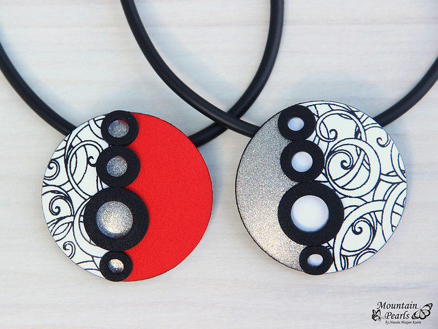 Polymer clay pendants by Mountain Pearls, silk screen technique