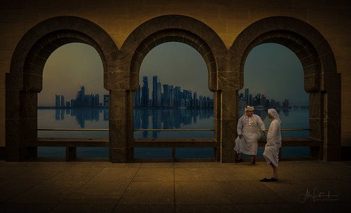 doha qatar reflections arches islamicmuseumofart westbay dusk arab
