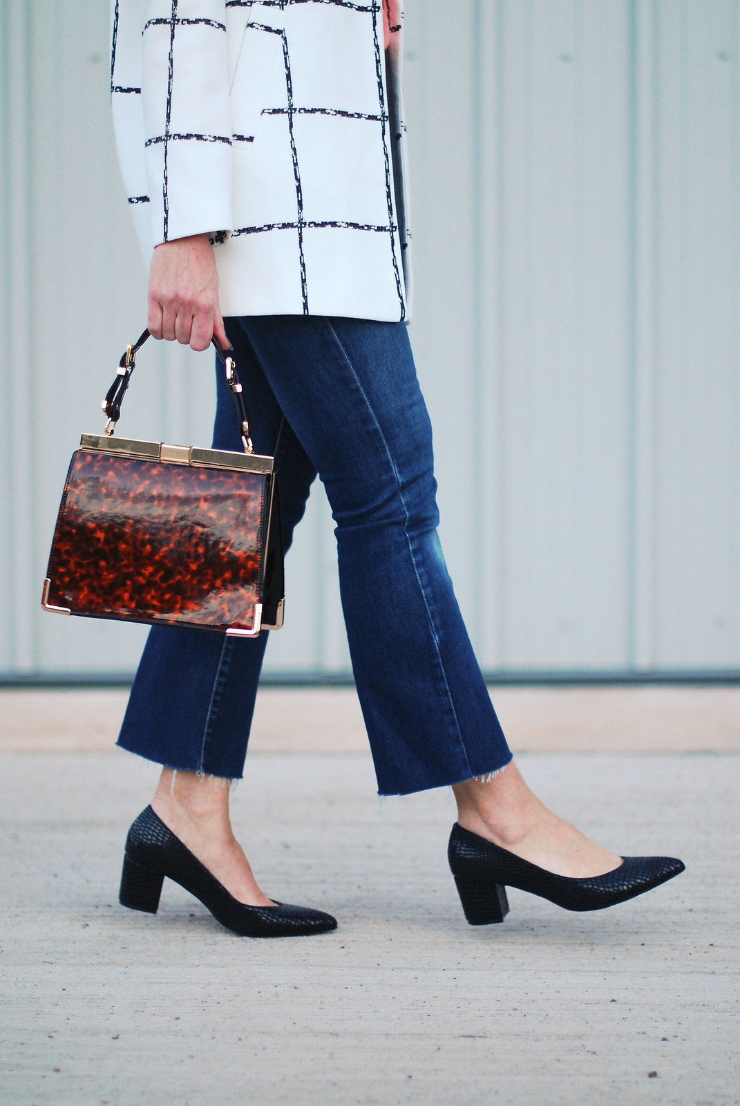 A smart casual look for AW16: Grid print black and white blazer, cropped flared jeans, blue fedora, peach shirt, faux croc block heeled shoes and tortoiseshell bag | Not Dressed As Lamb, over 40 style