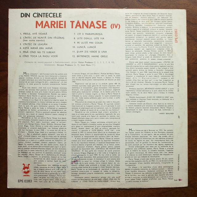 Backside Mariei Tanase (IV) - Din Cintecele - Orch. Muzica Populara RTV, Victor Predescu, Nicusor Predescu, Ionel Banu, Electrecord  EPE 0282, 1967