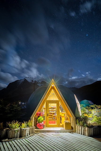 EcoCamp Patagonia Welcome Dome (Reception) by night in Torres del Paine NP, Patagonia, Chile