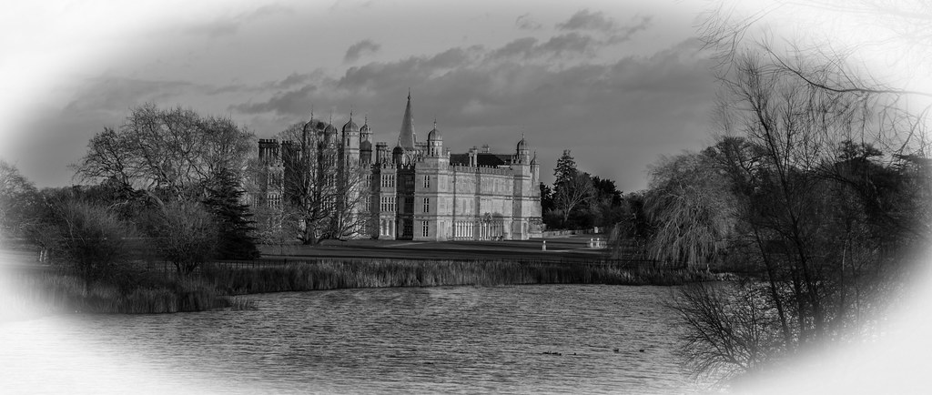 Burghley House from the Lion Bridge in B&W