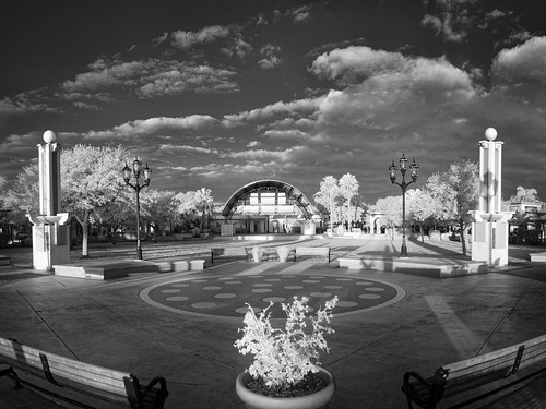 shadow sky blackandwhite bw panorama usa cloud plant tree fountain monochrome architecture buildings garden bench landscape ir cityscape florida cloudy structures infrared cocoa centralflorida buildingandarchitecture othermanmade edrosack