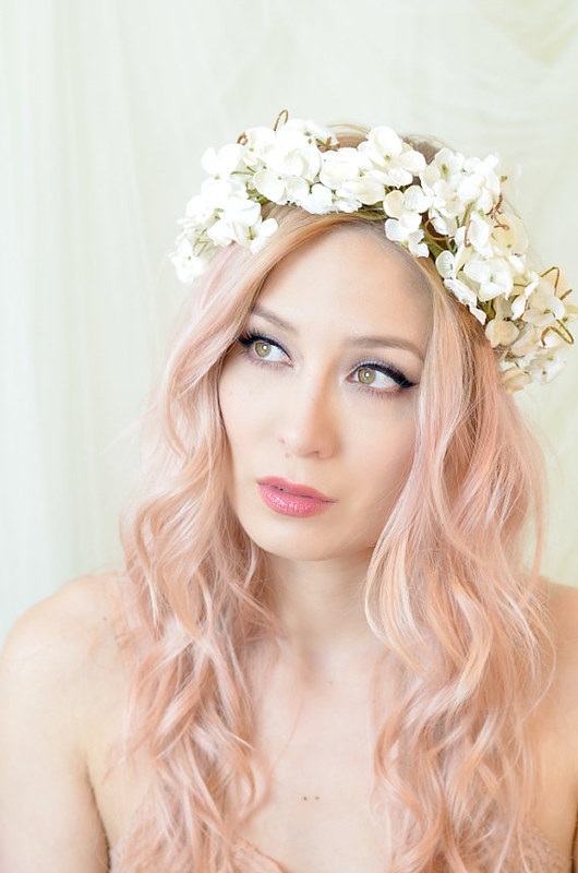 Lilac White Hydrangea Flower Hair Crown Headband Headdress Boho Festival Vtg V46