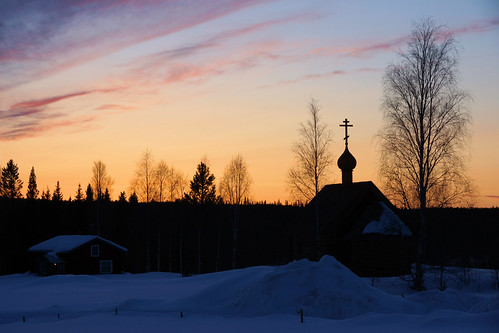 sweden sunset arctic snow light sun colour scene twilight horizon beauty beautiful church cupola dome tower religion norbotton norbotten vidsel