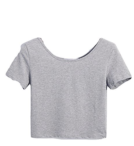 Goldensat Women's U-neck Crop Tops Short Sleeve Stretchy T Shirt Tee L Gray