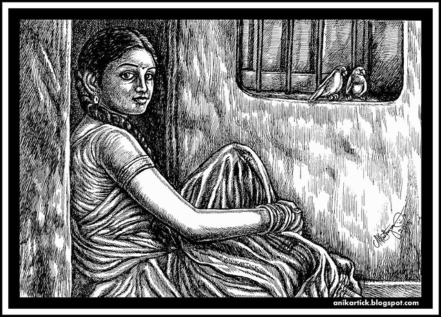 CHENNAI ART / CHENNAI ARTIST / REALISTIC DRAWING / TAMIL TRADITIONAL DRAWINGS / TAMIL PENGAL OVIYAM / PEN DRAWING / - Anikartick ( Tamil Artist )