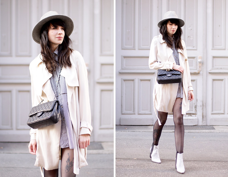 outfit grey hat trenchcoat white boots chanel bag parisian…
