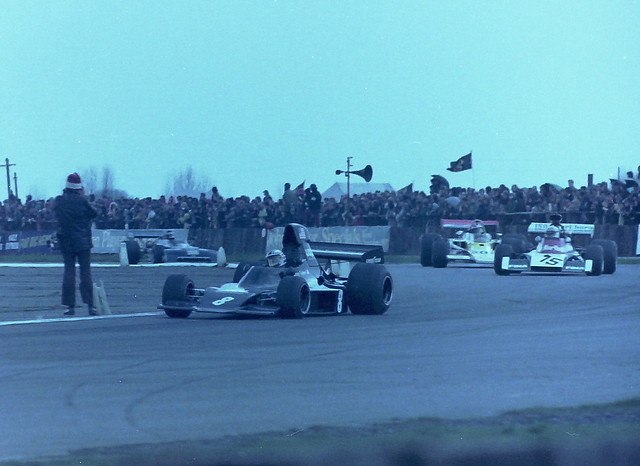 George Follmer - Shadow DN1 leads Howden Ganley - Iso-Marlboro FX3B, Tom Belso -Lola T330 & Bob Brown - Chevron B24  at Copse Corner at the 1973 International Trophy, Silverstone