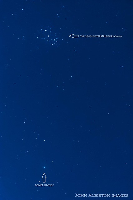 Annotated 100mm close-up of The Pleiades & Comet Lovejoy