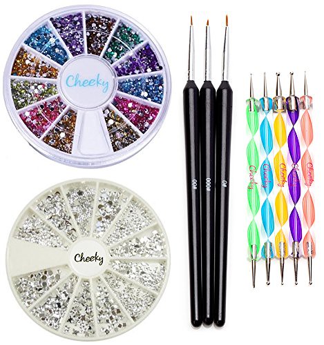 High Quality Professional Nail Art Set Kit With Pack of Silver Gems Rhinestones Crystals, Premium Manicure 12 Colors Gemstones Wheel, Fine Detail Wooden Nailart Brushes and Double Ended Dotting Marbling Tools By VAGA®