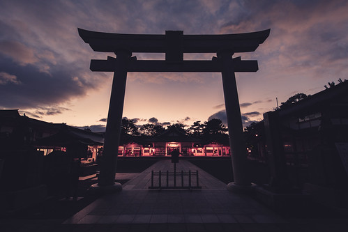 hiroshima gokoku shrine castle jinja chugoku japan asia honshu torii evening clouds sunset temple gate