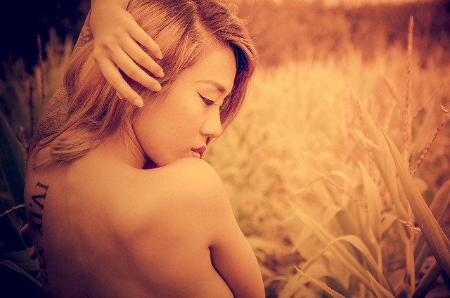 Sun sets in the fields. Asian nude model