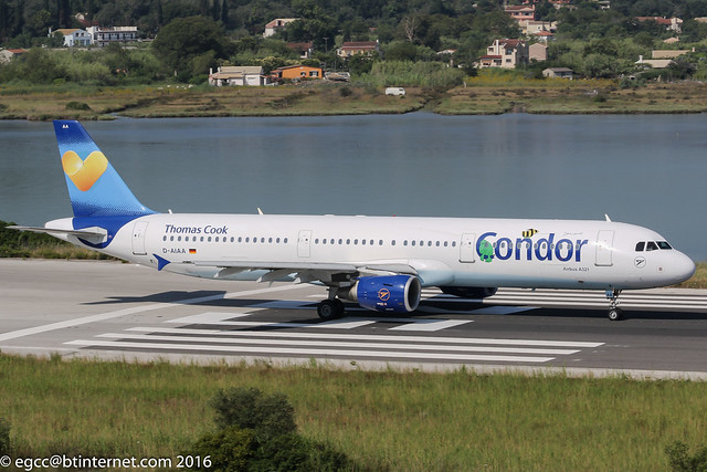 D-AIAA - 2001 build Airbus A321-211, rolling for departure on Runway 35 at Corfu