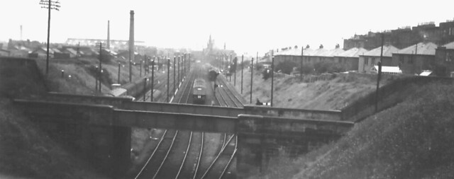 Looking north from Hawkhill Avenue along Leith Central Branch. Caledonian Railway's New Leith lines bridge in foreground (Collection of W D Yuill)