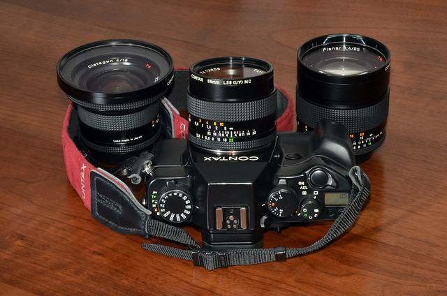 Contax RX with Carl Zeiss Distagon 35mm f/2.8 (MMJ), Carl Zeiss Distagon 18mm f/4 (MMJ), and Carl Zeiss Planar 85mm f/1.4 (MMJ)