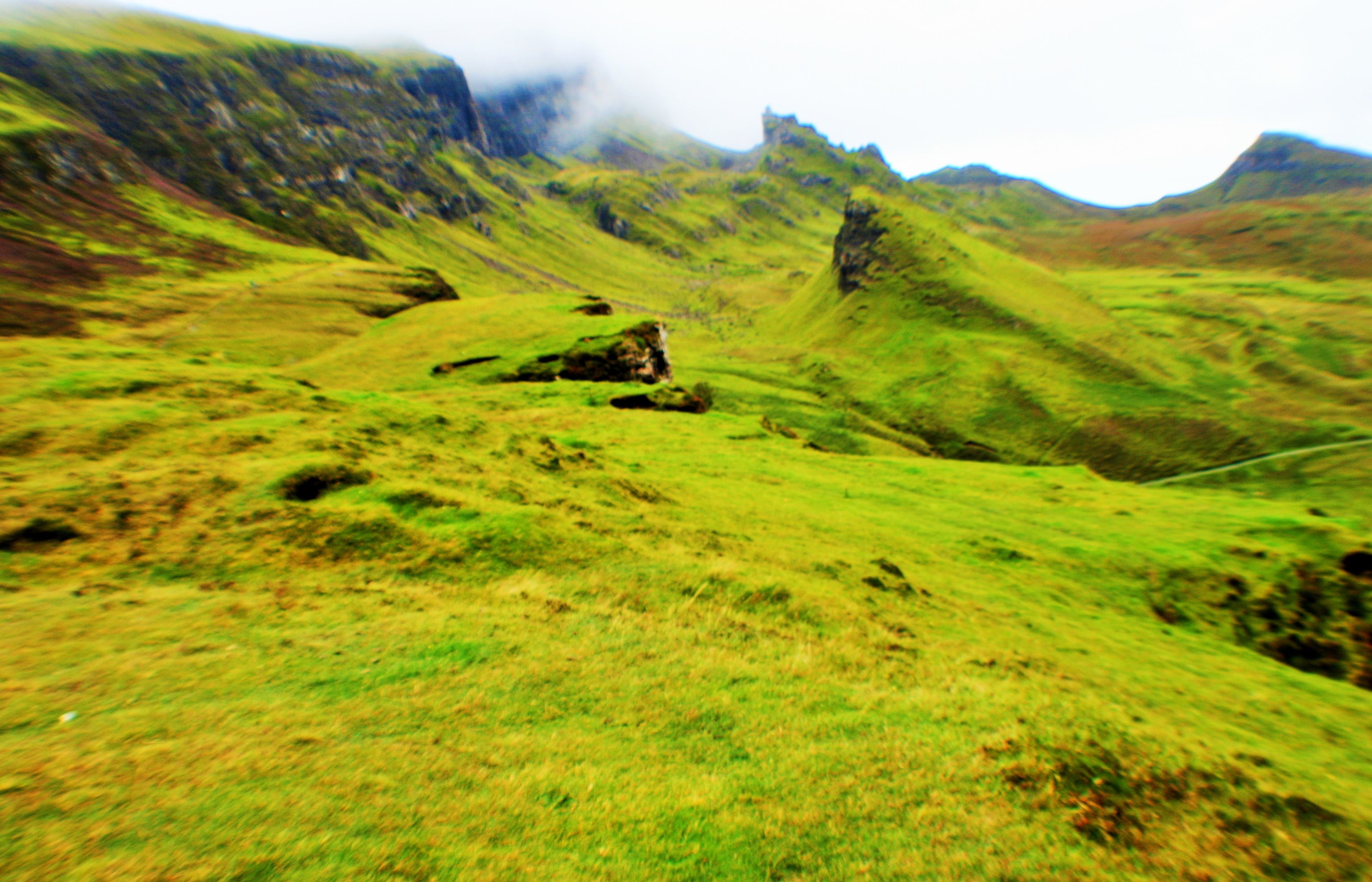 View of rugged, volcanic landscape at Quiraing in the north of Isle of Skye