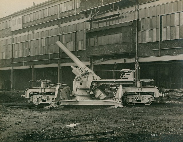 Gun on railway truck mounting at the Elswick Works