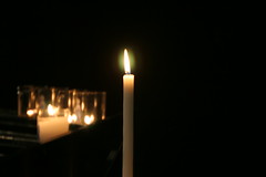 Lit candle in church