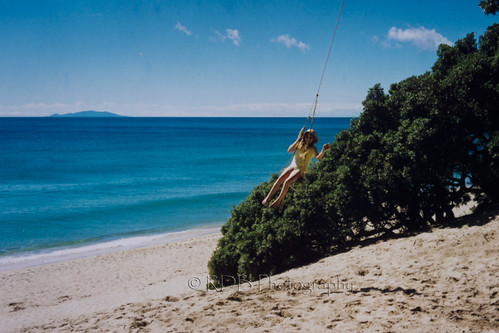 pohutukawa coromandel peninsula pacific ocean sea sand beach coast child togs yellow swinging rope blue sky white island horizon girl small
