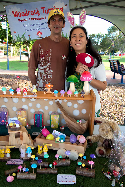 Rie and Kerry from Woodrock Turning with their wooden mushrooms and fairy doors
