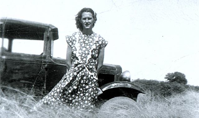Rachel Faye Roork in front of 1930's Model T?