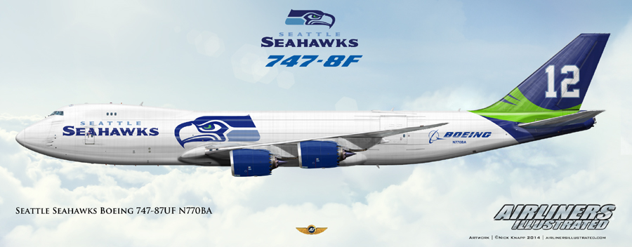 Seattle Seahawks Boeing 747-87UF N770BA. Airliners Illustrated® by Nick Knapp©.